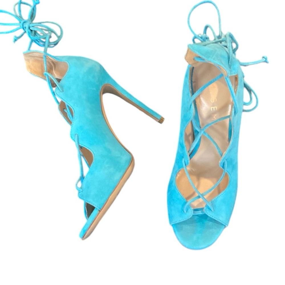M.Gemi ghemmi blue suede lace up heels Sz 36 made in italy EUC 6